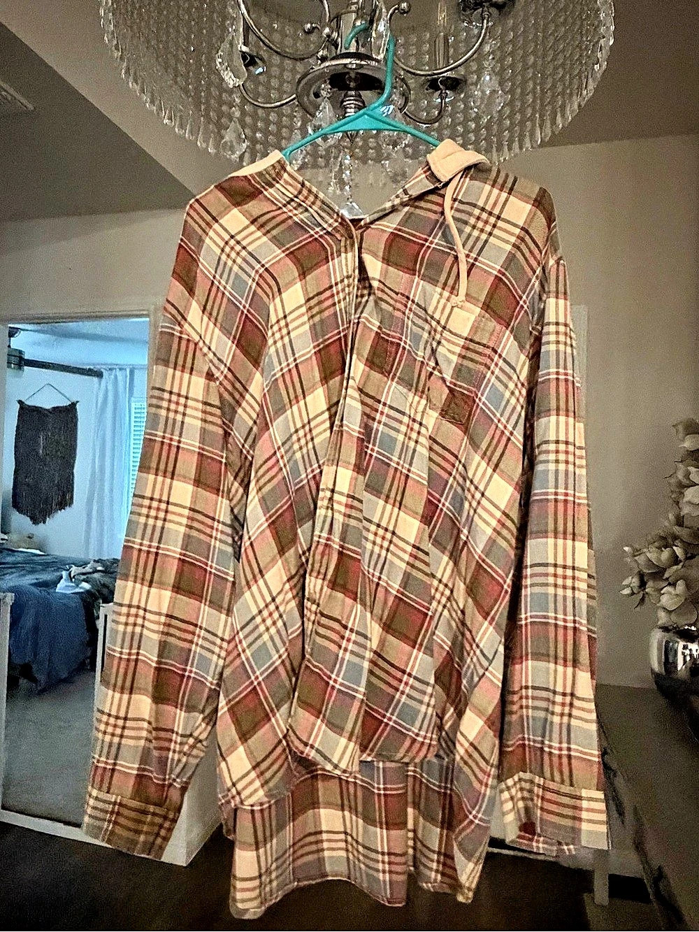 American Eagle AE Hooded Flannel Shirt Plaid Brown & Cream